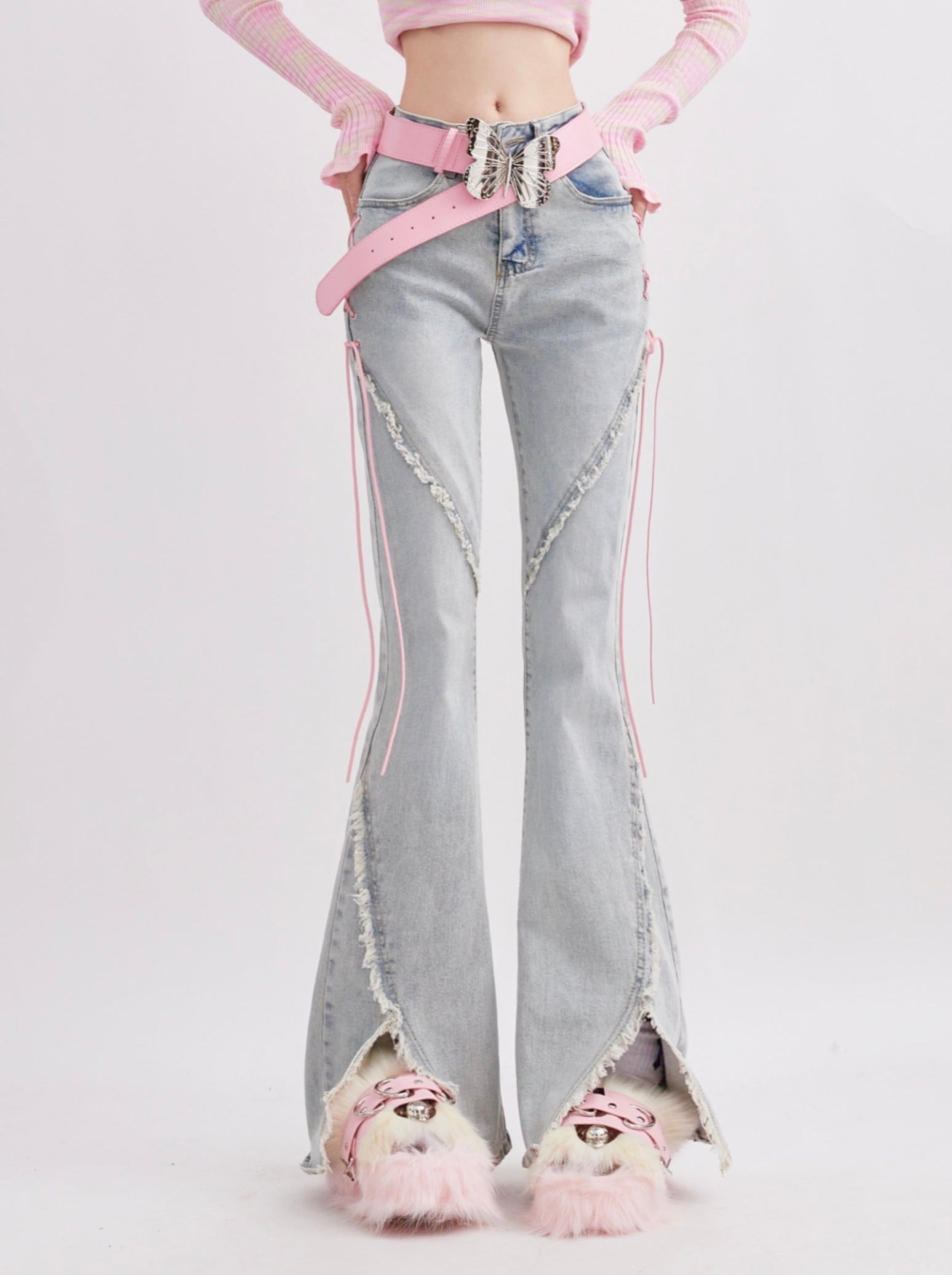 Retro strap design high waist slit flare jeans – Belchic