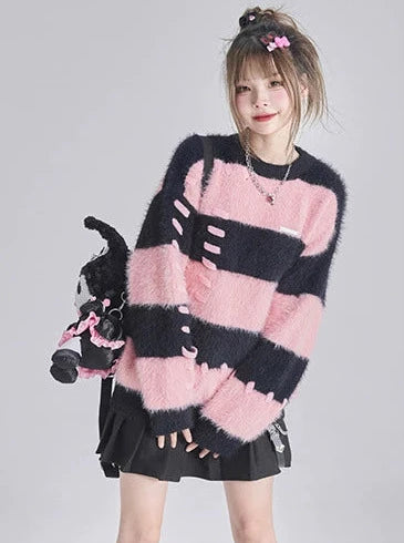 レイジールーズストライプカラーブロックプルオーバーウールセーター