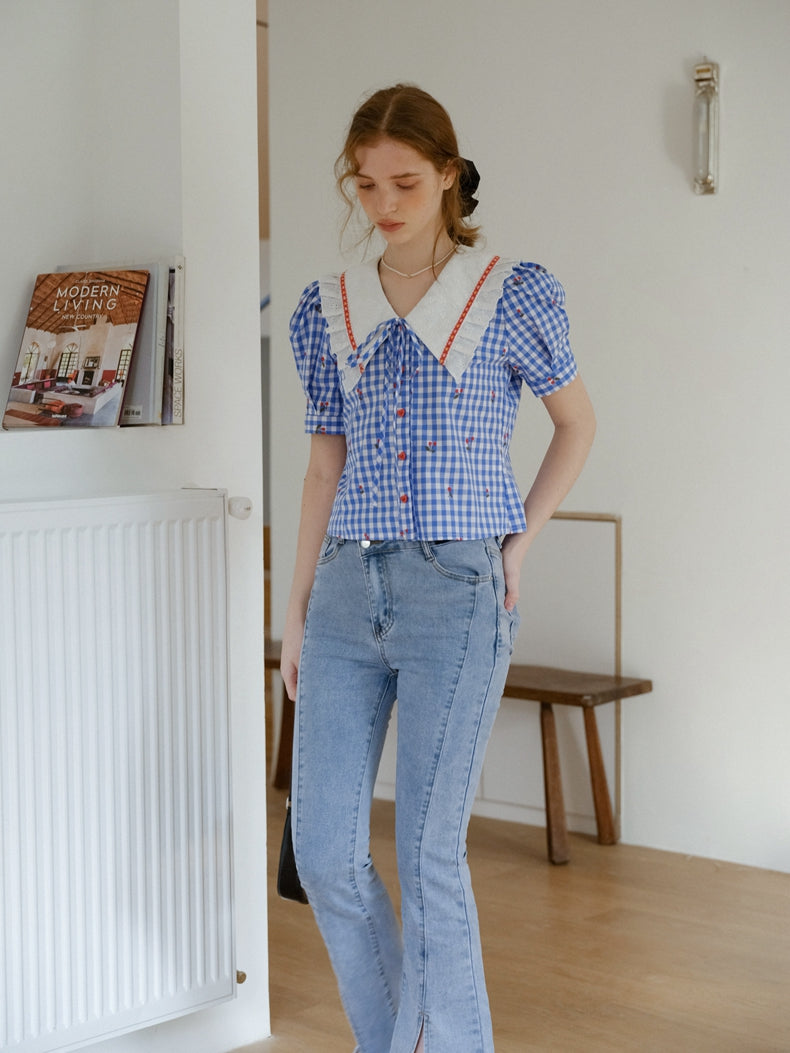 ブルーギンガムチェックチェリーシャツ