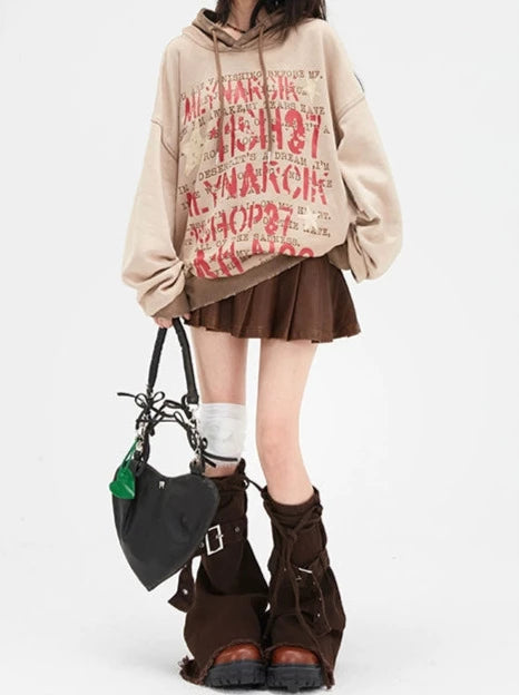 デザインウォッシュダメージレタープリントフード付きスウェットシャツ