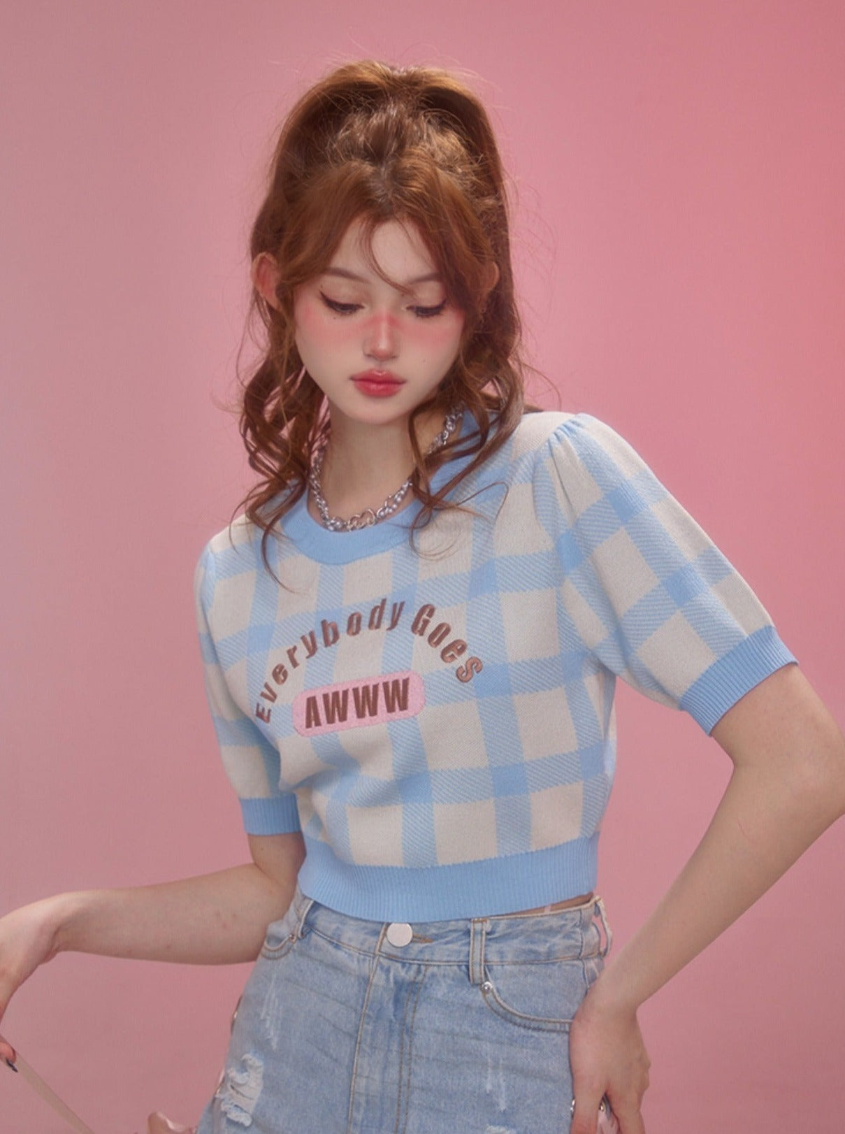 アメリカンチェックニットトップス