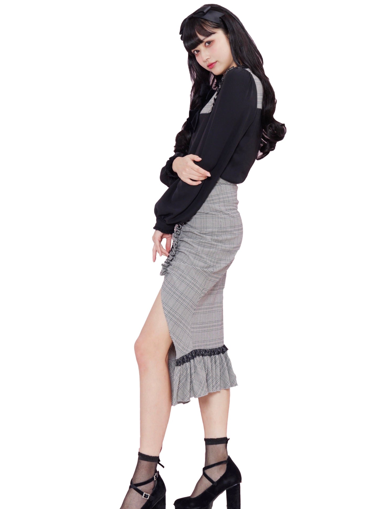 Sailor color check puff sleeve tops