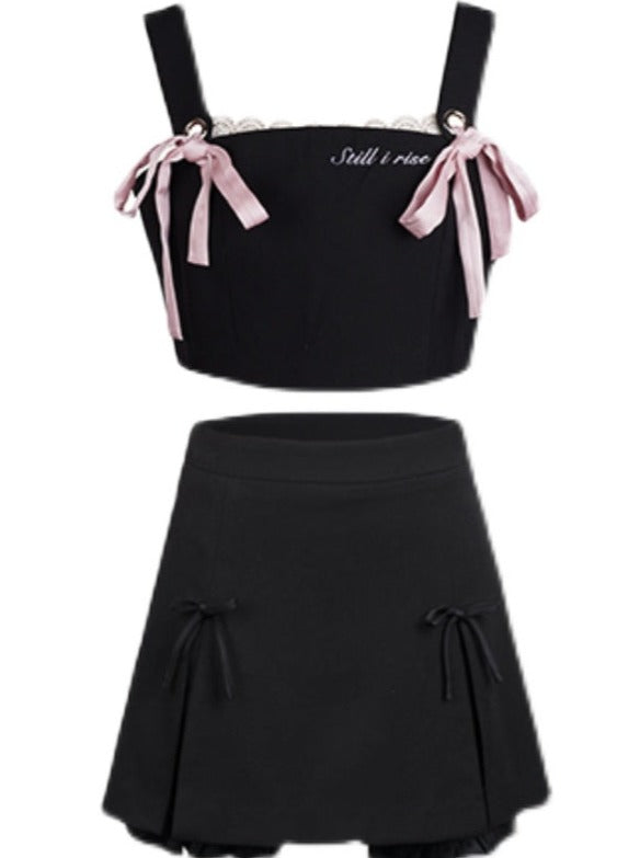 アメリカンキャンパスサスペンダートップス+リボンスカート