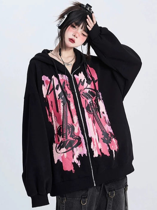 Street Contrast Color Print Loose Zip Hoodie Sweat Top