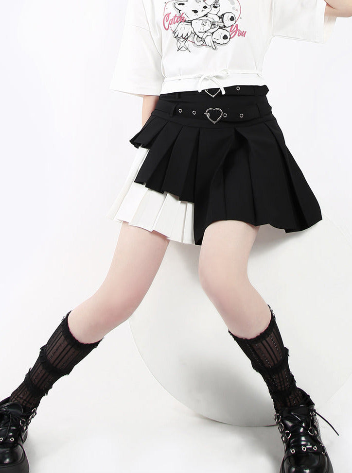 double belt asymmetric pleated skirt