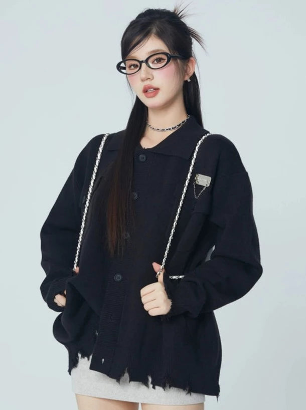 Black Damage Over-Knit Cardigan