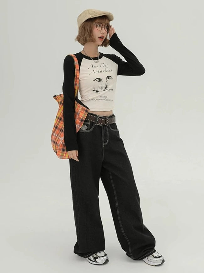 ラウンドネックラグランスリーブペンギンTシャツ