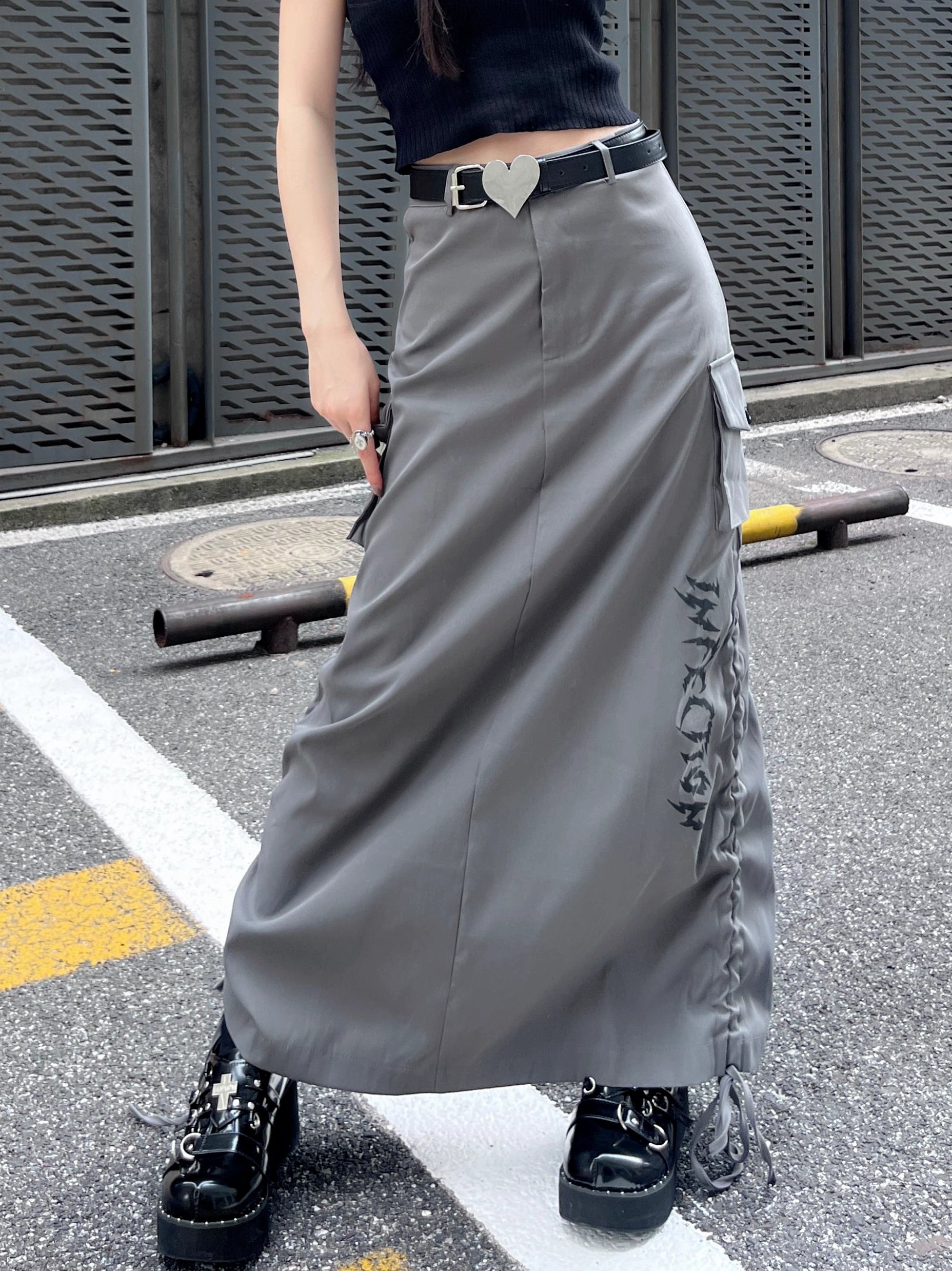 American Retro High Waist Drawstring Drawstring Slit Long Skirt