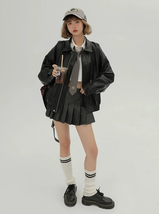 美式复古宽松休闲机车皮夹克