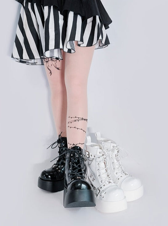 パンクラウンドトゥプラットフォームスターチェーンデザインブーツ