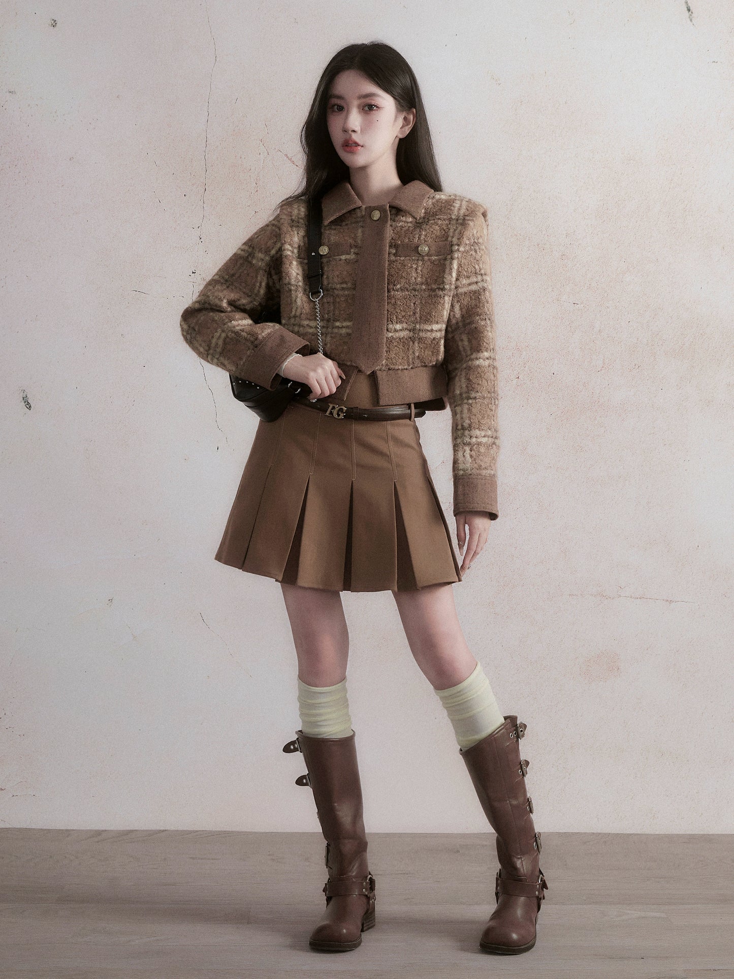Brown Check Retro Jacket + Pleated Skirt
