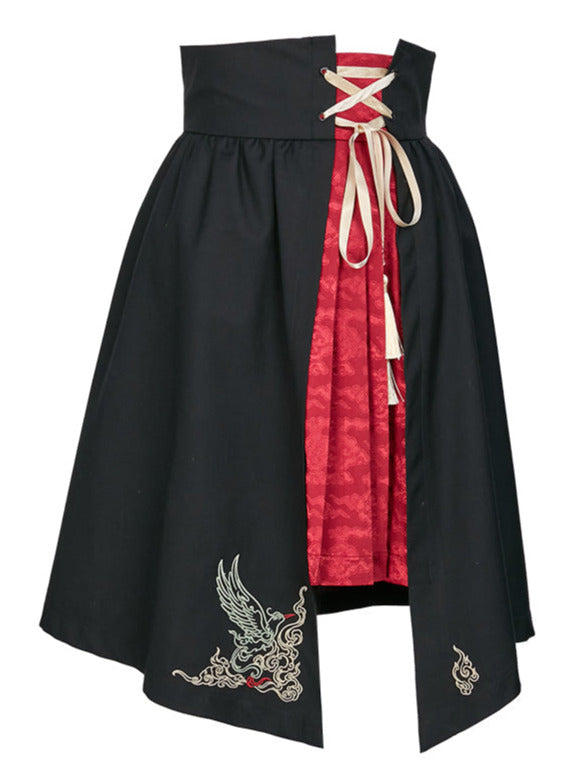 Black Embroidered Chinese Shirt + Split Lace Up Skirt