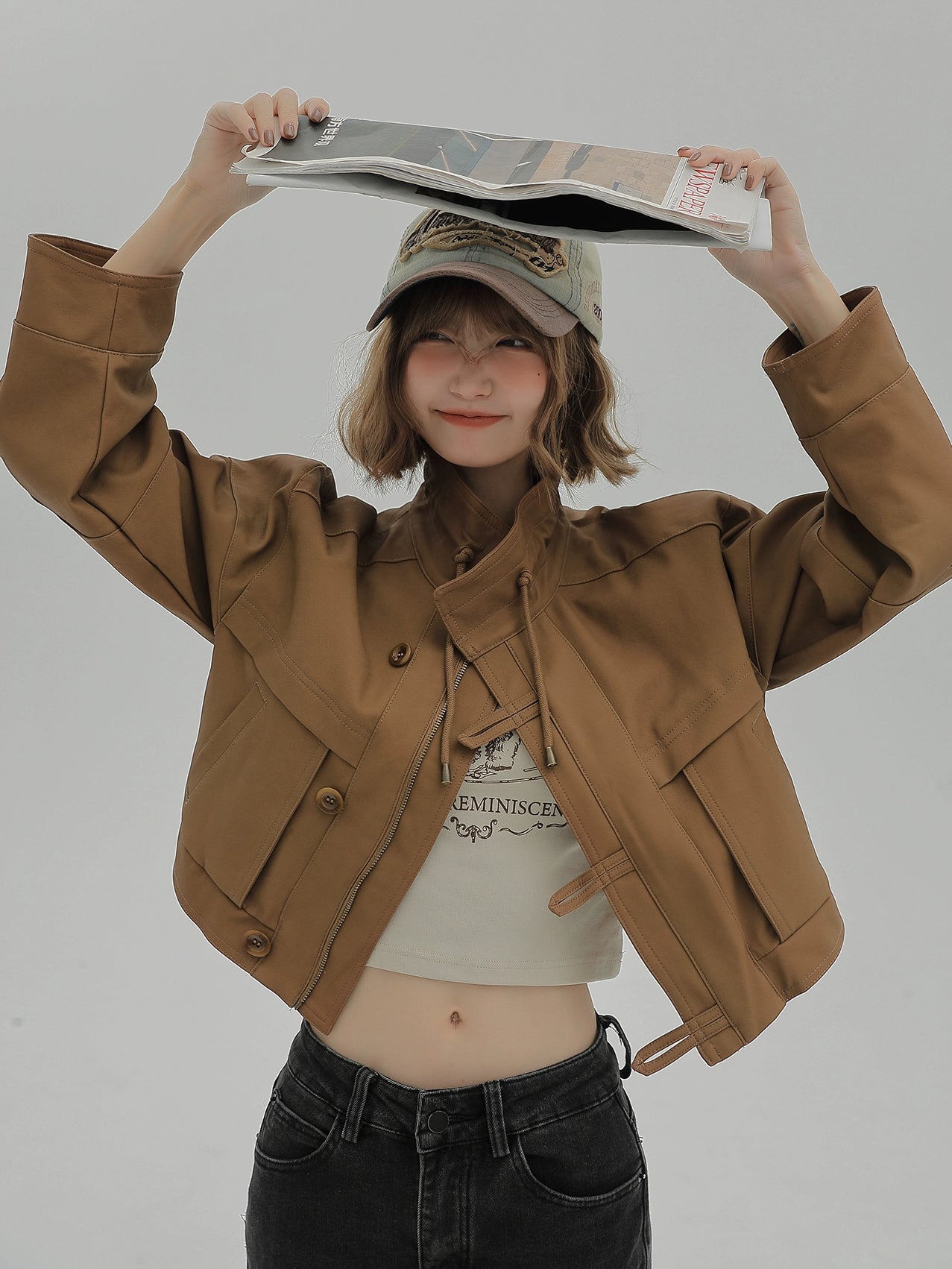 美式复古棕色立领短款皮夹克