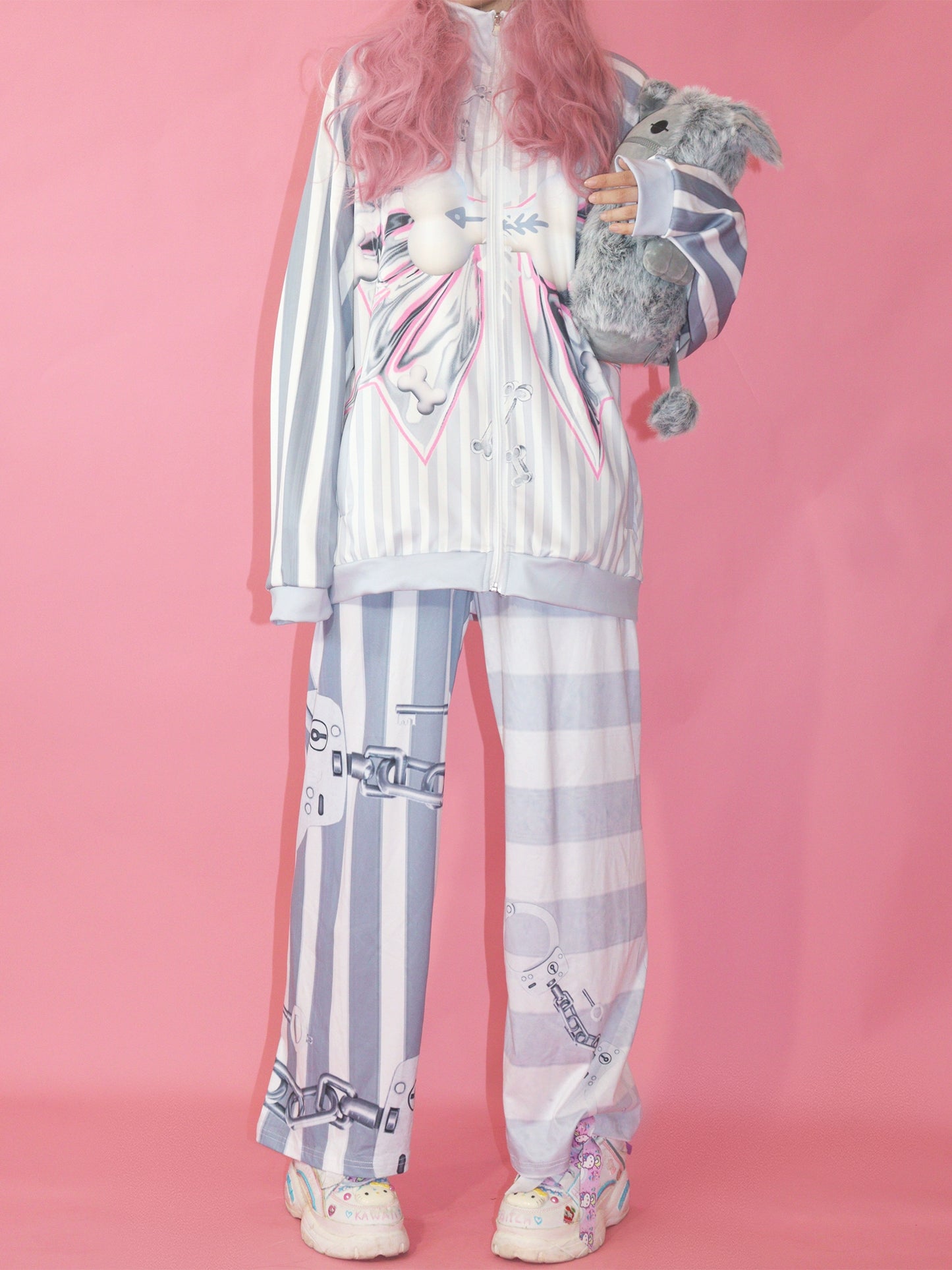 バタフライボーンリボンプリントストライプジップアップトップス