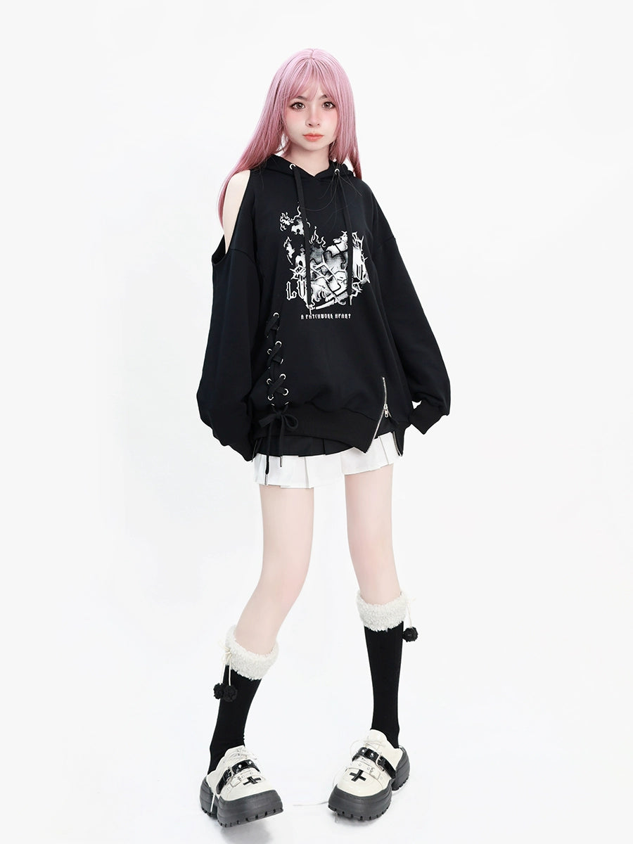 Mode Heart Zipper Hooded Loose Hoodie