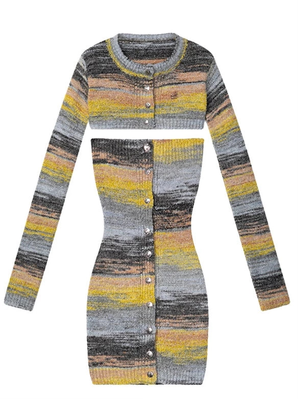 Multicolor Round Neck Slim Knit Short Cardigan Jacket Tight Breasted Tube Top Skirt Suit