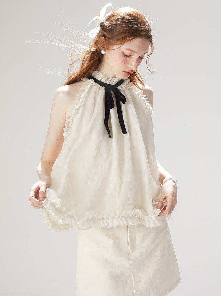 Chemisier sans manches à rubans, élégant et français