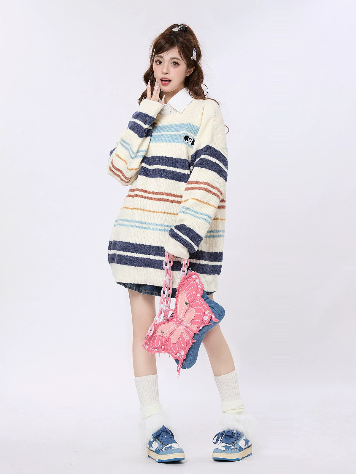 American colorful striped loose oversized knit