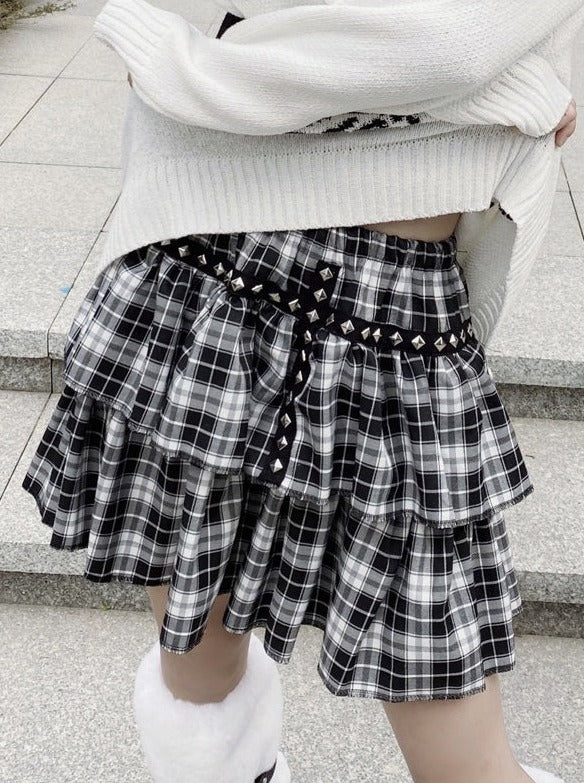 Studded Cross Check Tiered Skirt