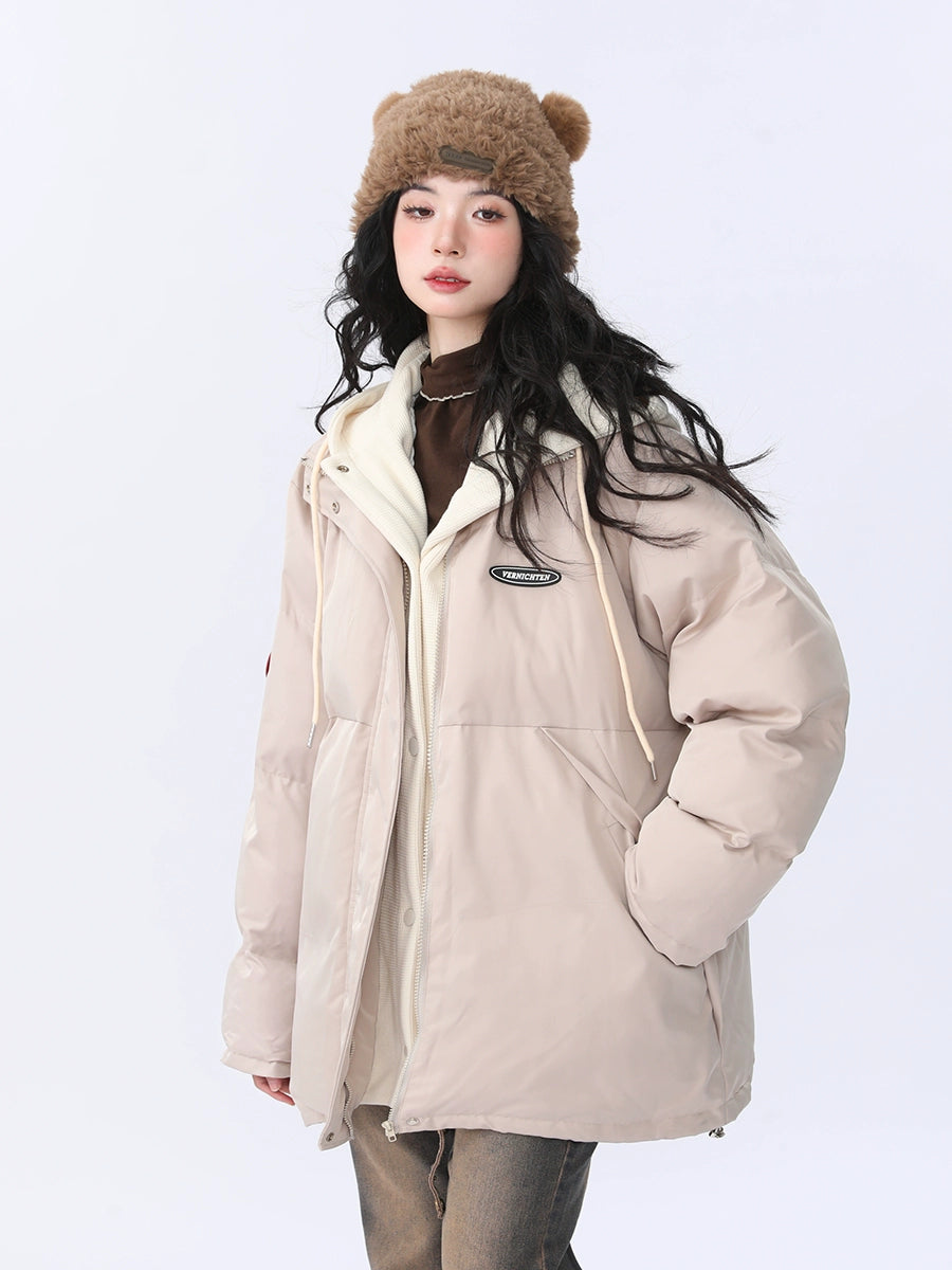 Korean Style Faux Two-Piece Hooded Loose Cotton Coat