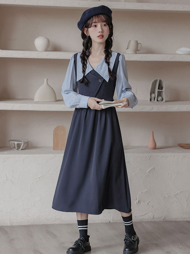 Pointed Collar Volume Sleeve French Asymmetric Layered Dress – Belchic