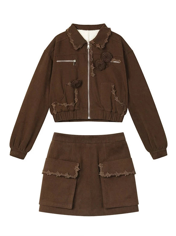 Dark Brown Blush Lapel Lace Flower Lamb Wool Jacket 3D Pocket Skirt Suit