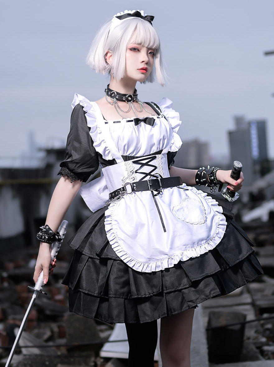 black and white maid dress Women Japanese Style Black White Long Sleeves Ruffles Maxi Maid Dress Cosplay