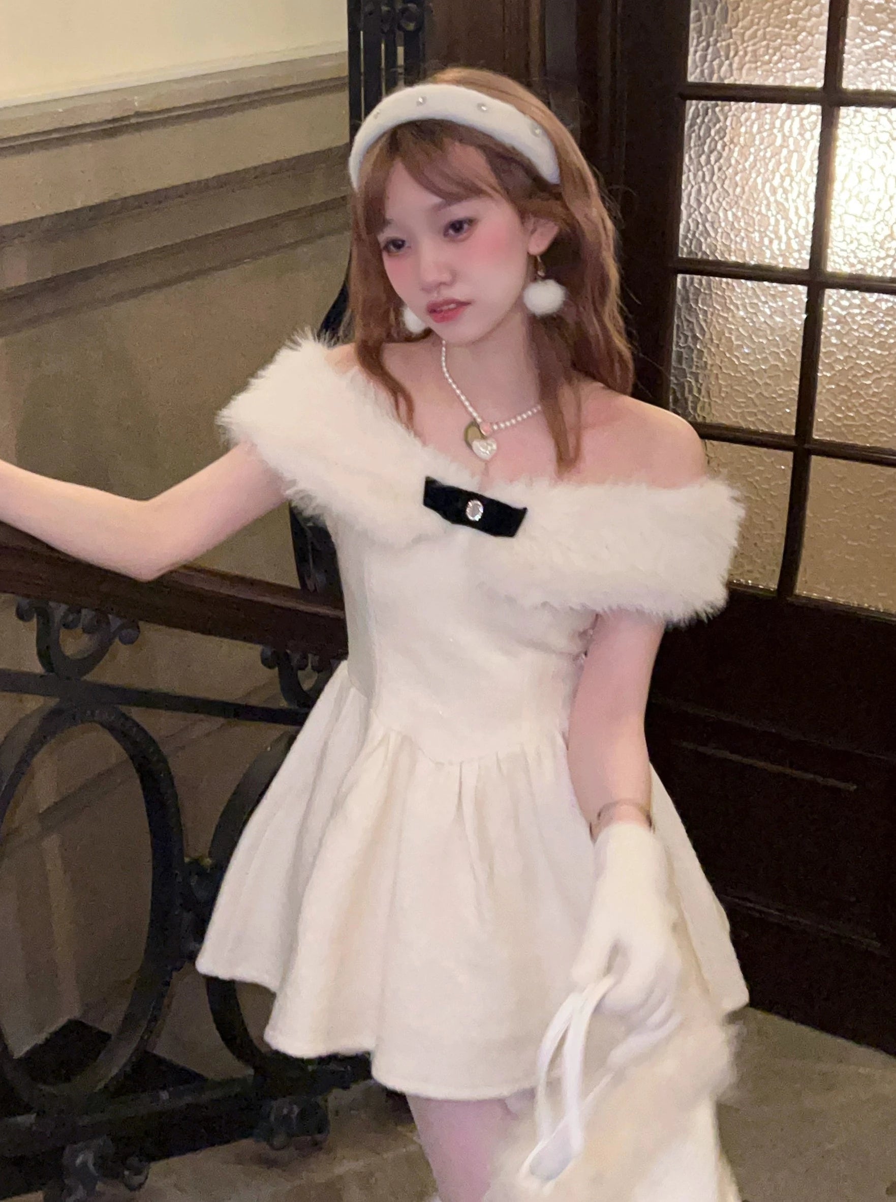 White Fur Off Shoulder Dress – Belchic White Fur Off Shoulder Dress – Belchic
