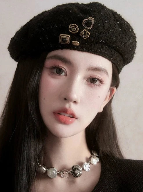 アンティークボタンツイードベレー帽