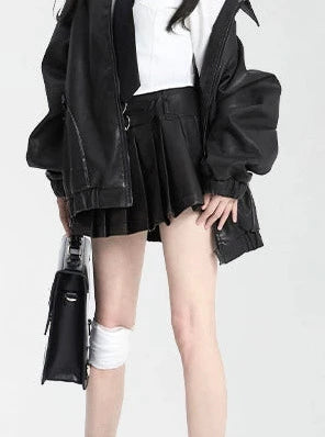 Sweet Spicy Leather Pleated Short Skirt