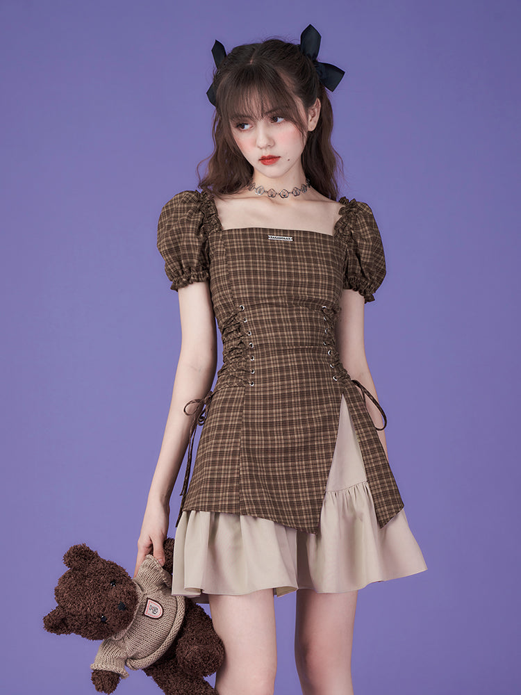 Pure Cool Design Coffee Color Plaid Dress Belchic Pure Cool Design Coffee Color Plaid Dress Belchic