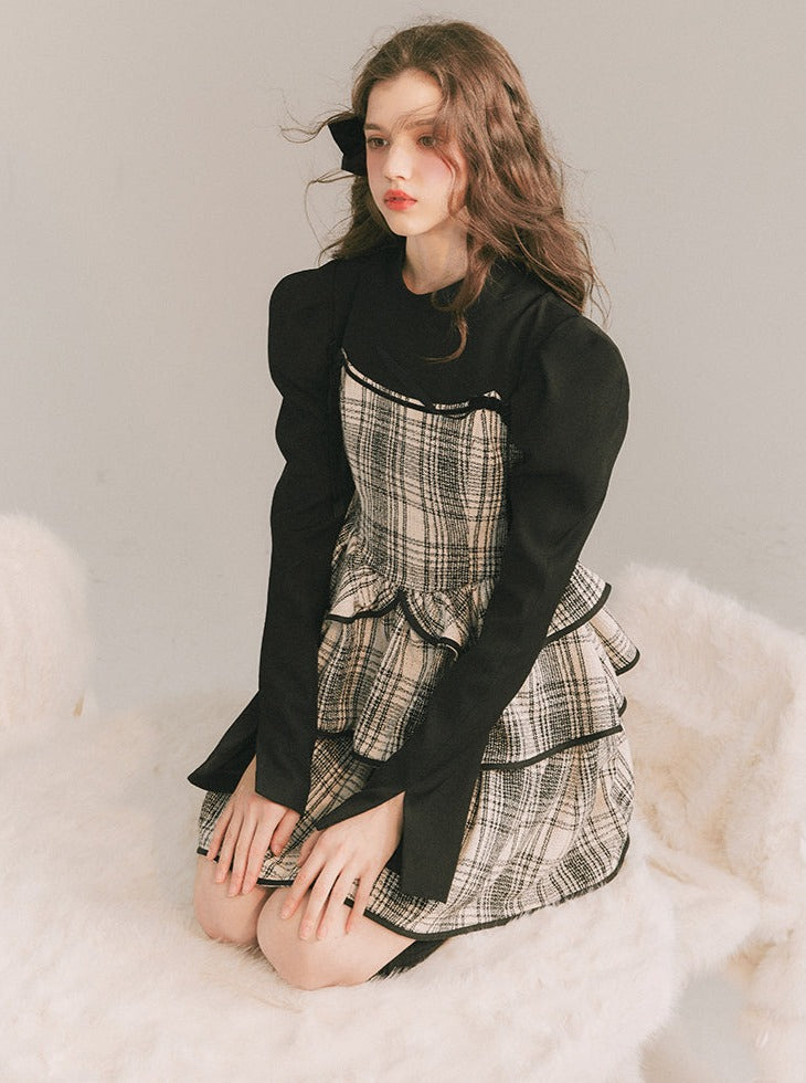 Check cake skirt ェ Two -piece dress