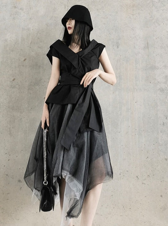 Mode Waist Ribbon Asymmetric Tops