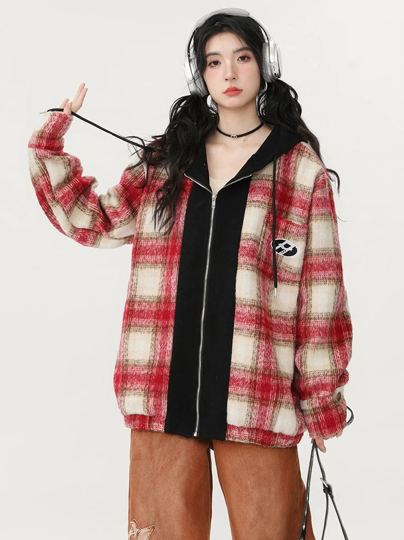 美式复古格纹连帽宽松仿毛两件套羊毛外套