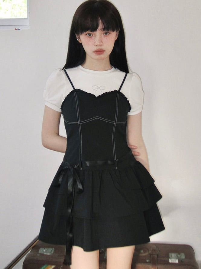 Ribbon puff sleeve T -shirt