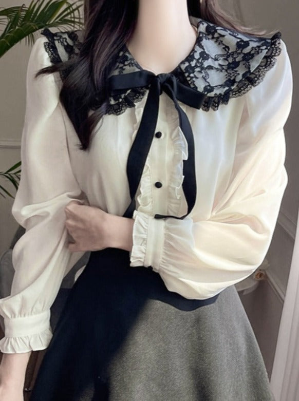 レースフリルスリムネクタイブラウス