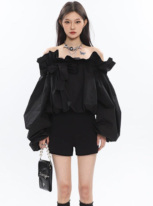 dark ruffled off-the-shoulder tops