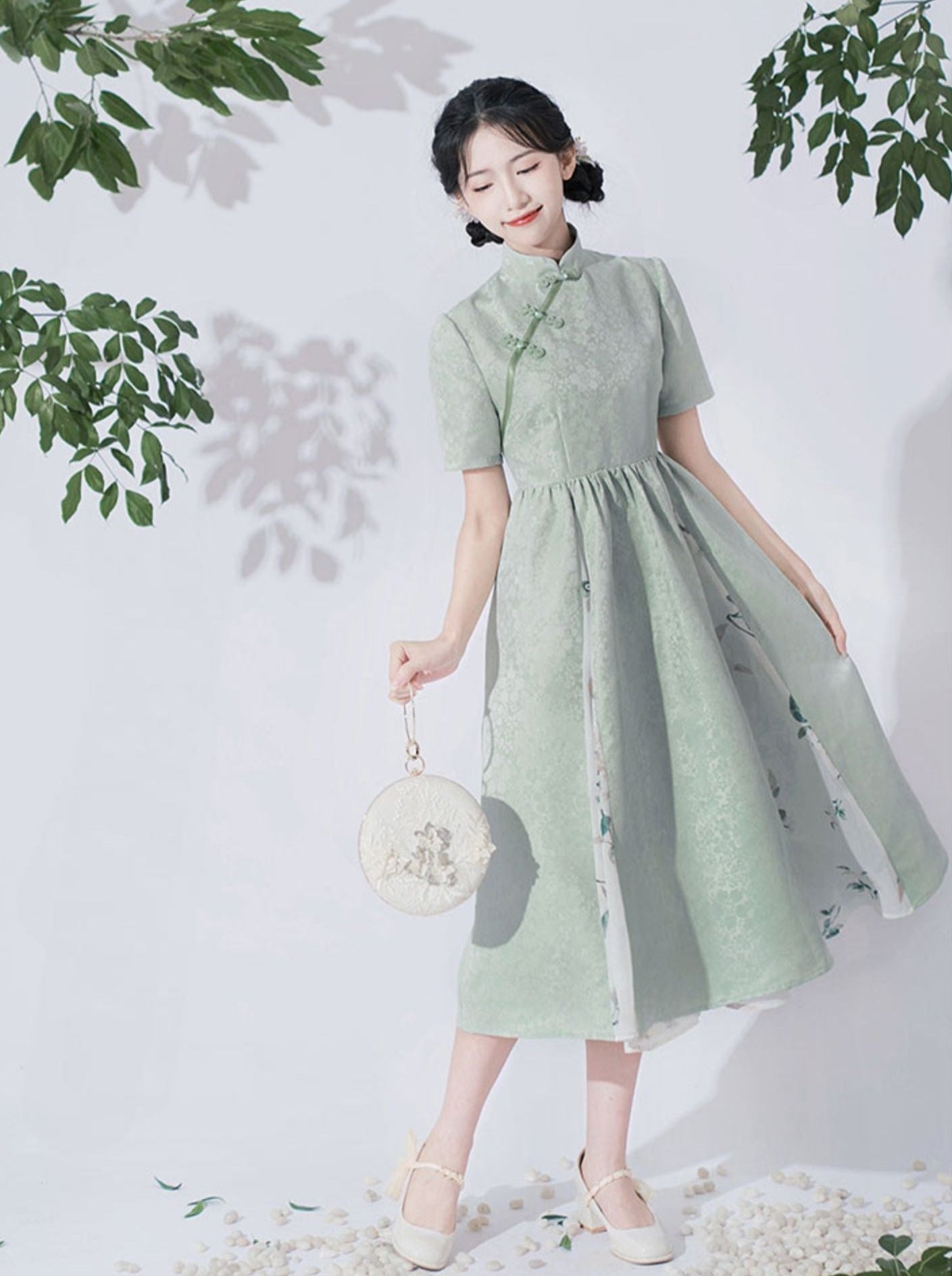 レトロバックルスタンドカラーハイウエストチャイナドレス