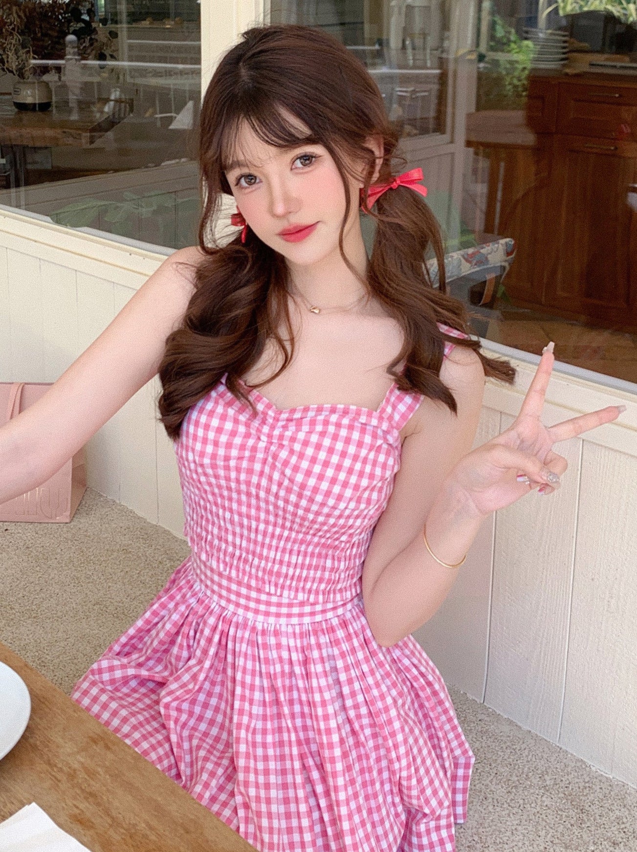 pink grid dress Grid One-Shoulder Tied Cutout Dress Navy / S