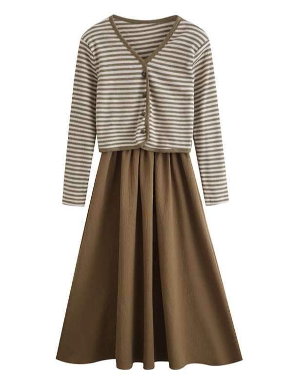 Striped knit cardigan strap dress