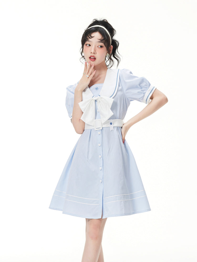 リボンセーラーパフスリーブフェアリーベルトワンピース