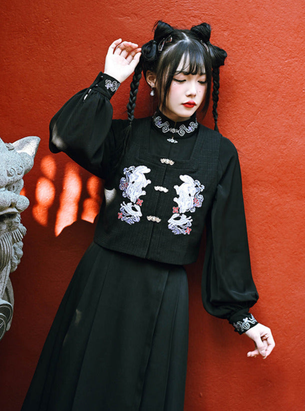 ラビットスタンドカラーランタンスリーブチャイナテイストシャツ