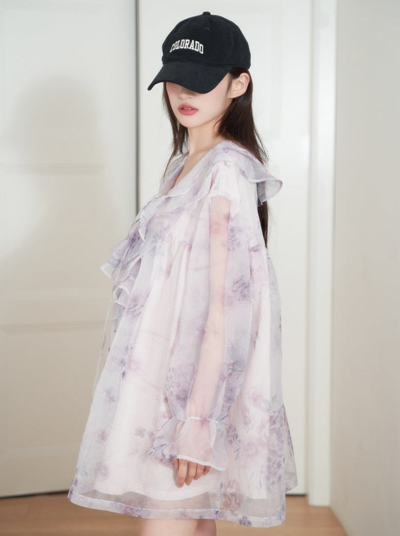 Sheer Flower V neck mesh tops