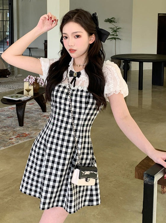 Ribbon Skirt Plaid Lace Puff Sleeve Dress Belchic Ribbon Skirt Plaid Lace Puff Sleeve Dress Belchic