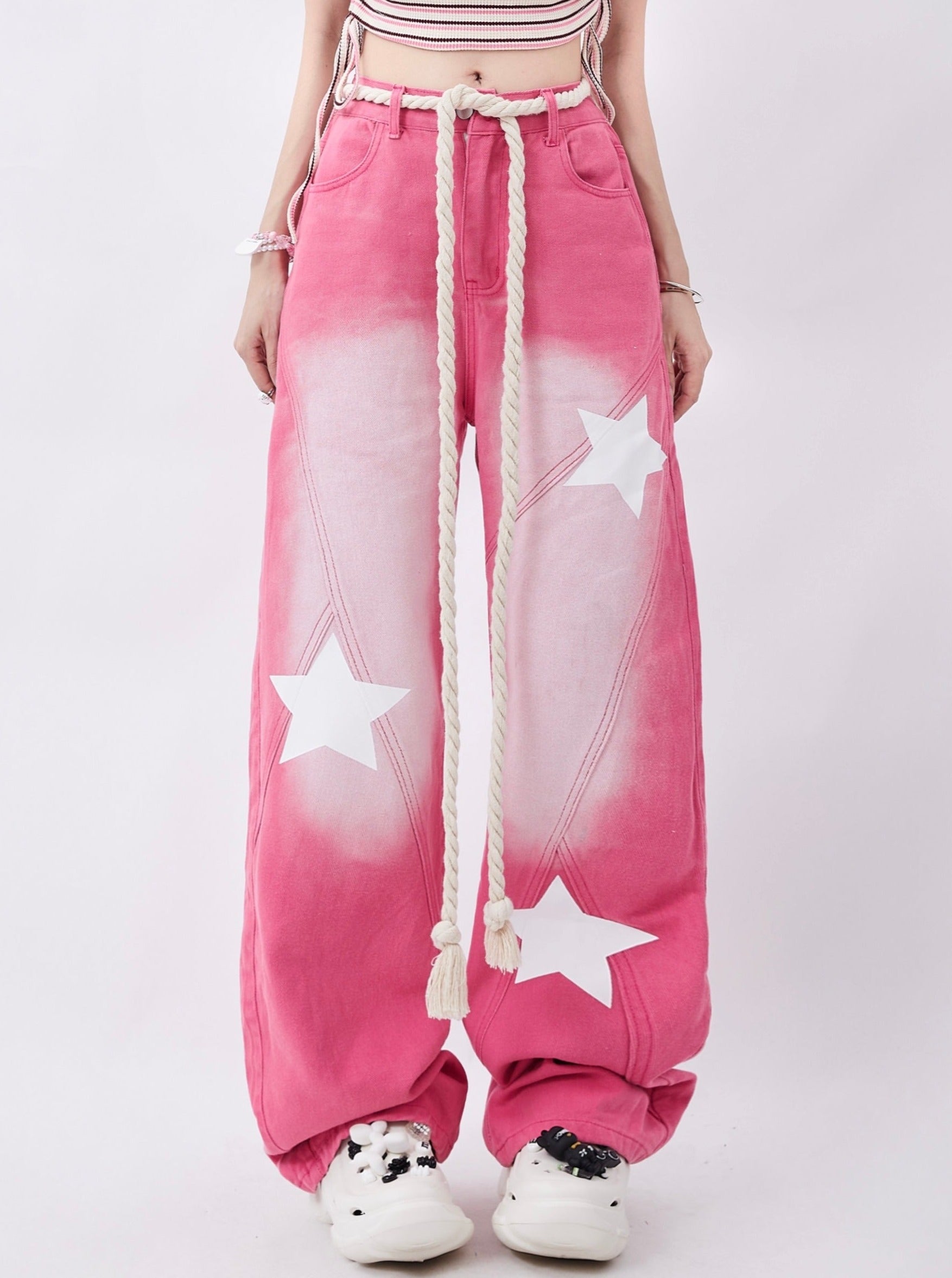 Star design loose pink denim pants