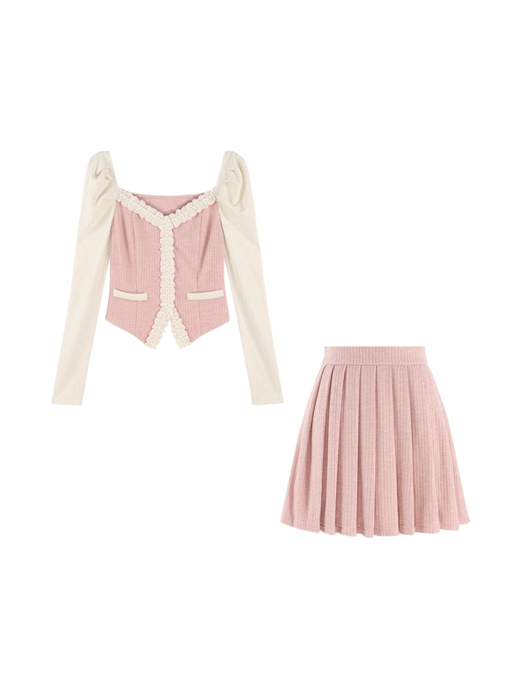 French Girly Puff Shoulder Ruffle Slim Knit Top + Pleated Skirt