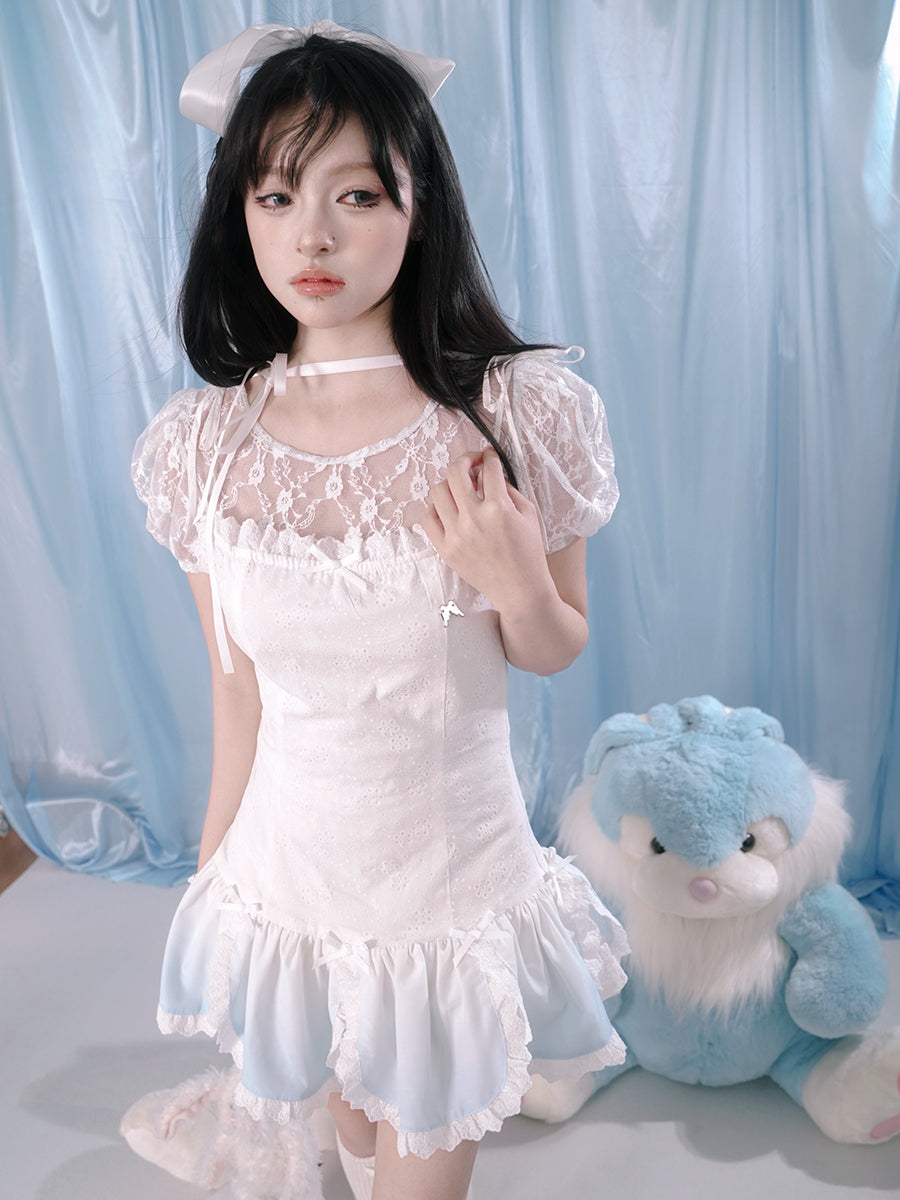 Jaker Dace Mesh Sea Sea Sea Puff Sleeve Tops