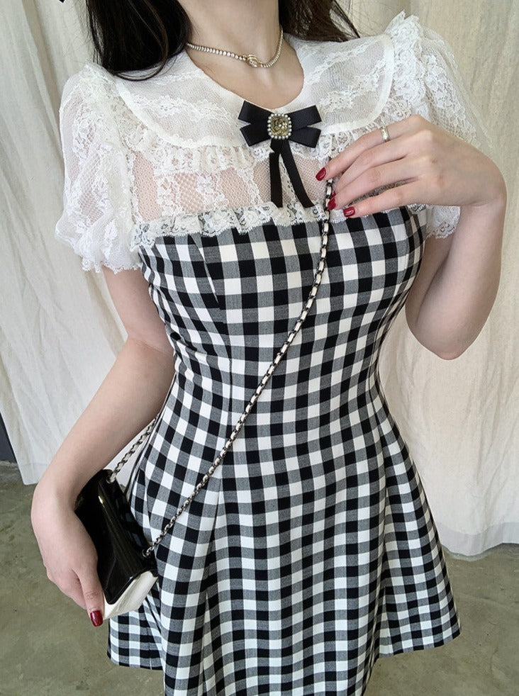 リボンスカートチェックレースパフスリーブワンピース