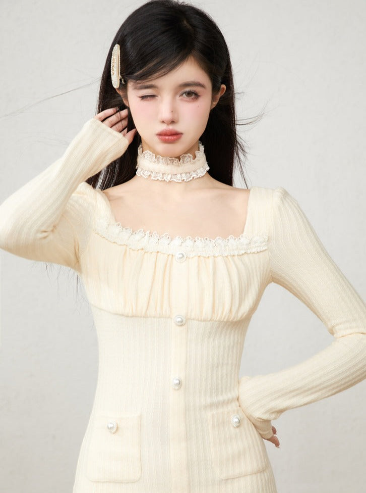 Square color lace pearl ribtite dress