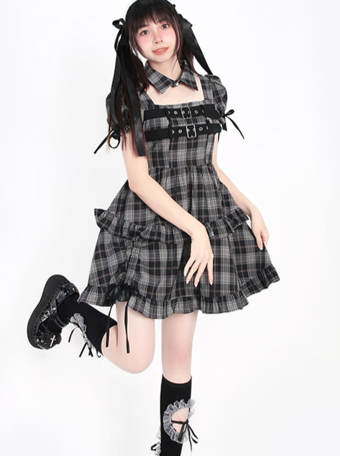 Mode 腰带格纹蓬蓬袖连衣裙